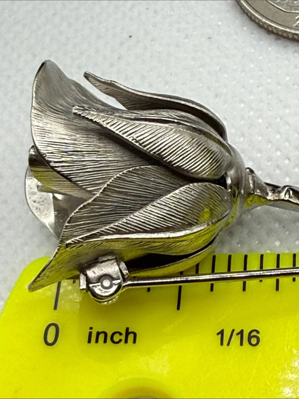 Vintage Giovanni stamped long stem rose Brooch - Silver tone Floral Pin